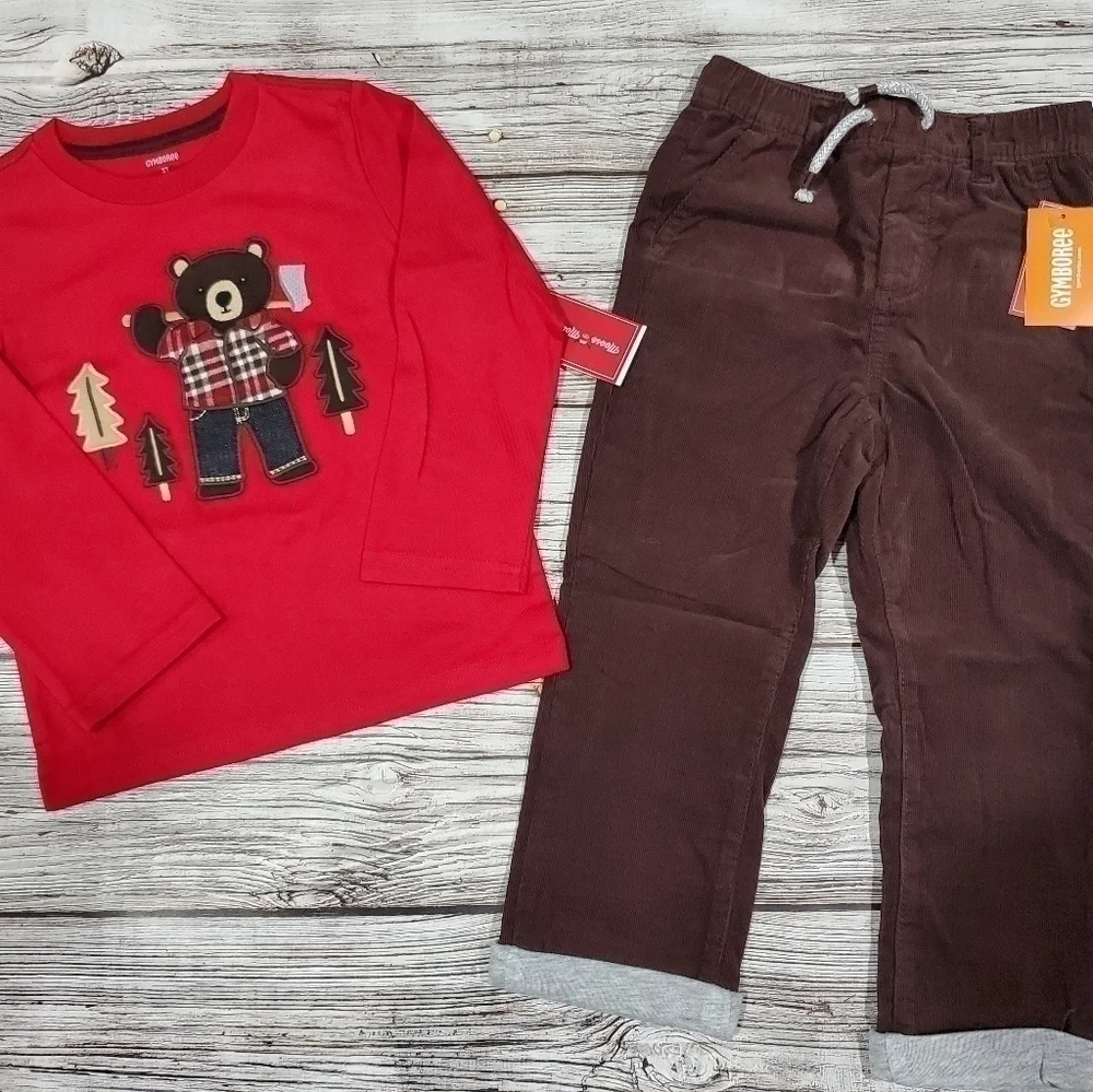 Christmas Holiday Outfit Reindeer Bear Tops Corduroy Pants Socks NWT